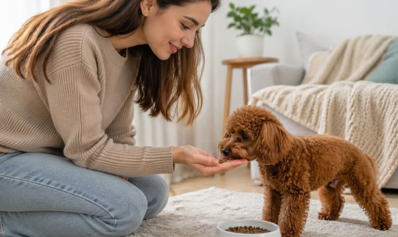 Devojka hrani granulama malu pudlu